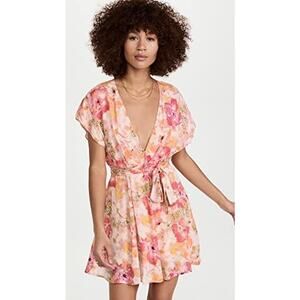 Free People Women's Freddy Tie Floral Mini Dress size XS Coral V Neck Boho